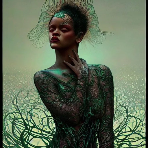 Image similar to rihanna by zdzisław beksinski, iris van herpen, raymond swanland and alphonse mucha. highly detailed, hyper - real, beautiful