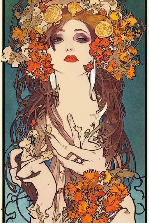 Image similar to female, beautiful, art noveau, alphonse mucha, louis royo, adam hughes, comic poster art, fall flowers, skulls, day of the dead, pumpkin, autumn, queen, spooky, cartoon, pencil drawing