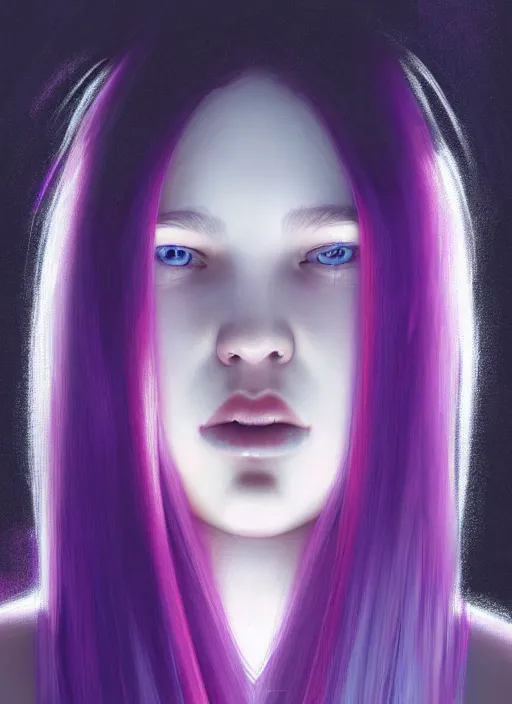 Image similar to hair whitebangs hair, black hair, whitebangs, portrait of teenage girl with white bangs, red irises, purple clothes, white bangs, bangs are different color from hair, intricate, elegant, glowing lights, highly detailed, digital painting, artstation, concept art, smooth, sharp focus, illustration, art by wlop, mars ravelo and greg rutkowski