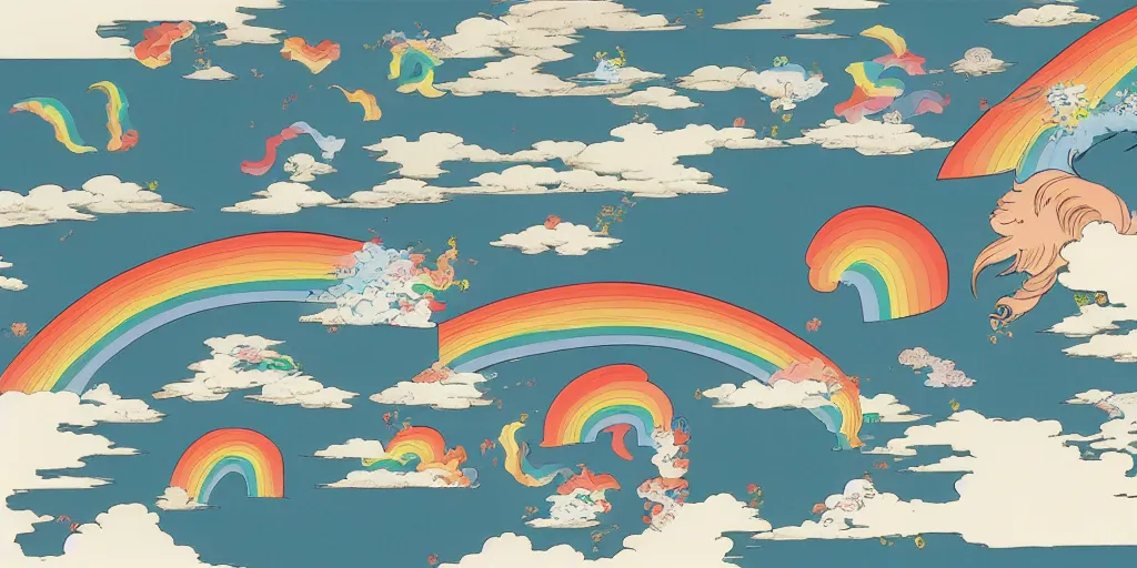 Prompt: rainbows, unicorns, and clouds isolated in the sky by Frank Miller and Hokusai, 8k, vector