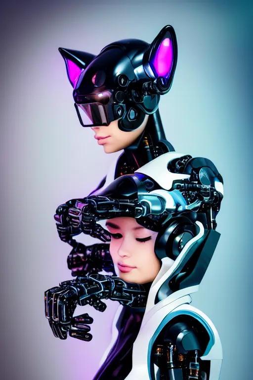 Image similar to cybernetic high tech catgirl with a cybercat on her head, sci - fi, cyberpunk, futurism, exoskeleton, strong artificial intelligence, symmetry, cinematic, elegant, luxury, professional studio light, perfect composition, dlsr photography, sharp focus, 8 k, ultra hd, sense of awe, highly detailed, hyper realistic, intricate, science journal cover