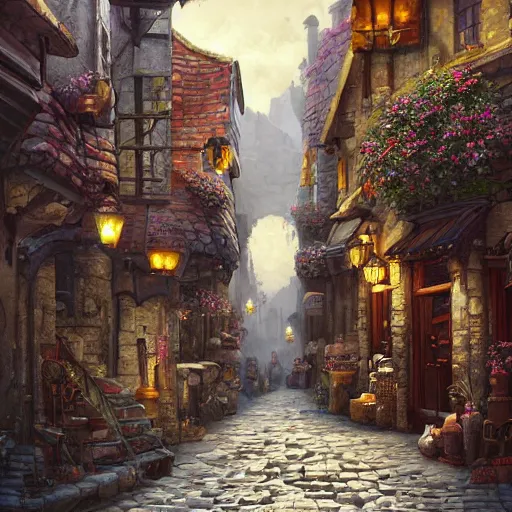 Image similar to a busy fantasy street looking down one street within a fascinating old city, quirky shops, narrow streets, old buildings, cobblestones on the ground, stone steps, street life, by Sylvain Sarrailh, single street, cinematic, simple but effective composition, clean lines, beautiful digital painting, oil painting, detailed, dungeons and dragons, lord of the rings