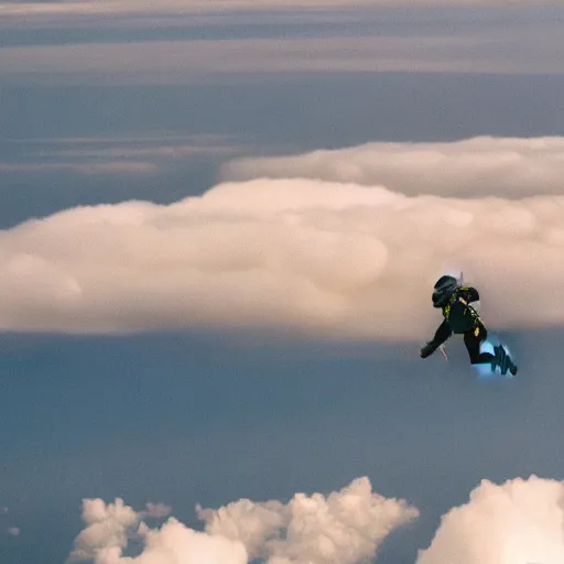 Image similar to a scubadiver flying in the sky above the clouds