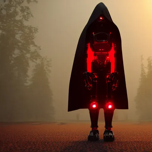 Image similar to a robot, with dark glowing red eyes, wearing a dark hood and cloak, dramatic lighting, cinematic, Unreal Engine render, 8k