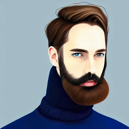 Image similar to gangly man with short dark blond wavy hair, dark blond trimmed beard, English heritage, blue eyes, middle aged, wearing a turtleneck and jacket, pale skin, narrow face, digital art, painterly, cartoon, cute, 8k, illustration, art by loish, painterly, trending on artstation, medium shot, uncropped