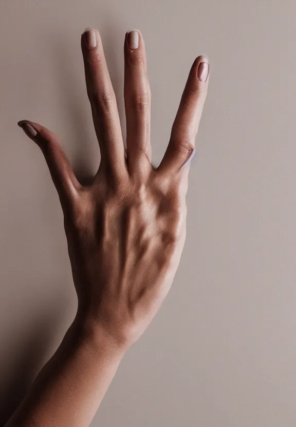 Image similar to photorealistic woman's hand with palm up, back of hand on the table, palm pattern visible, instagram photo, studio photo, 9 0 mm, f / 1. 4