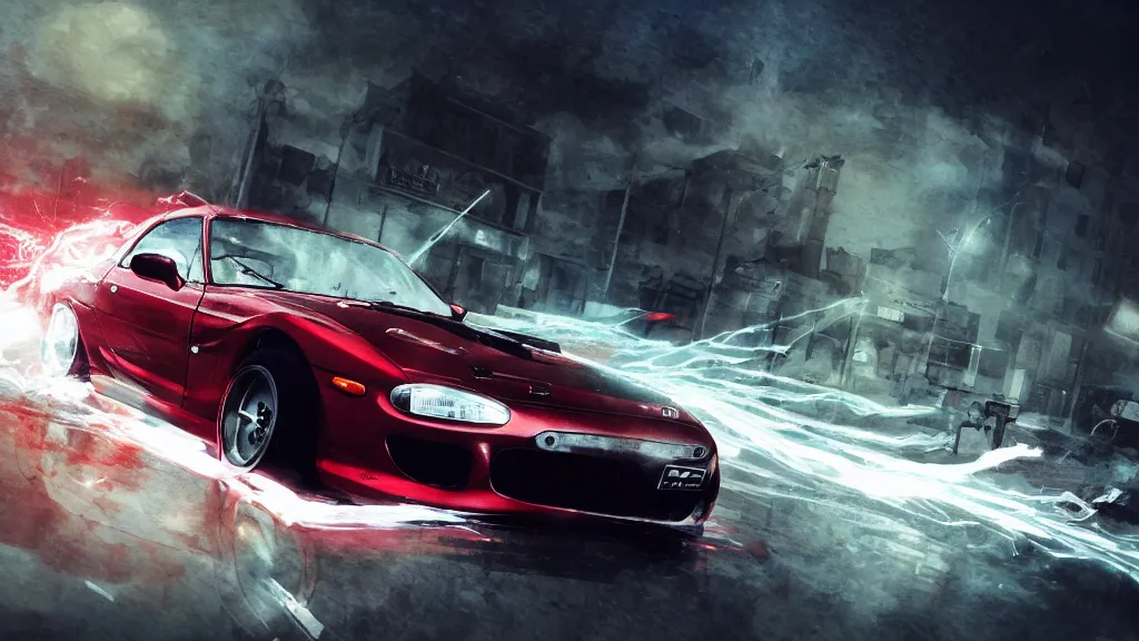 Prompt: anime screenshot of jdm mazda rx - 7 with attack on titan transformation lighting coming from it drifting on wall maria, illustration, cinematic, long exposure, 4 k, spotlight