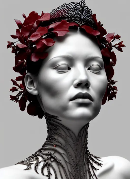 Prompt: complex 3d render ultra detailed of a beautiful porcelain profile young woman face, biomechanical cyborg, 200 mm lens, volumetric lighting, beautiful studio soft light, rim light, silver white gold red details, magnolia big leaves achromatic and stems, roots, fine foliage lace, mesh wire, Alexander Mcqueen high fashion haute couture, art nouveau fashion embroidered, intricate details, hyper realistic, ultra detailed, mandelbrot fractal, anatomical, facial muscles, cable wires, microchip, elegant, octane render, H.R. Giger style, 8k post-production, trending on Artstation