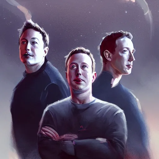 Prompt: portrait of elon musk, mark zuckerberg and jeff bezos together, together, very detailled, art contest winner on behance, trendy on deviant art, by by artgem, greg rutkowski