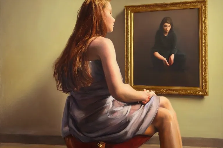 Prompt: an extremely high quality hd, a woman sitting on the floor in front of a painting, a hyperrealistic painting by robert lenkiewicz, trending on artstation, figurative art, oil on canvas, art, fine art, 8 k, ultra realistic, very realistic