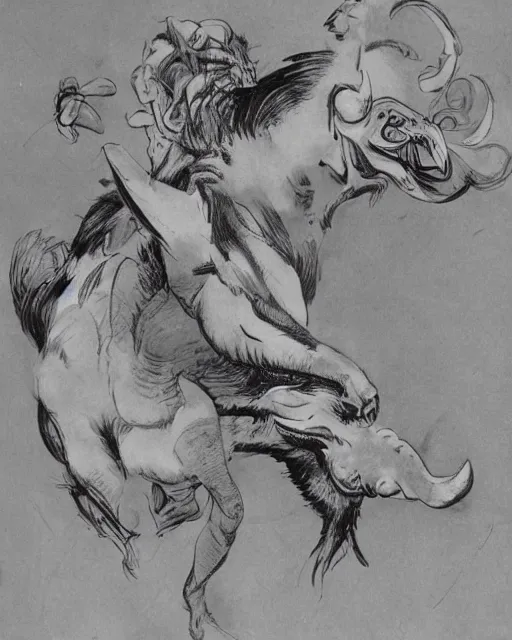 Image similar to a creature with the body and eyes of a man, with the beak of an eagle, the mane of a lion, and the horns of an ox. drawn by frank frazetta