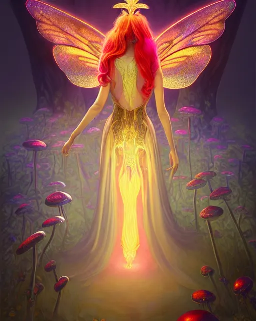 Prompt: portrait, stunningly beautiful female faerie priestess in amanita muscaria forest landscape, symmetrical wings on back, neon hair, wearing a dress of gossamer gold, inner glow, illustration, dramatic lighting, soft details, painting, art nouveau, octane render, 8 k, hd, by brom, faces by otto schmidt