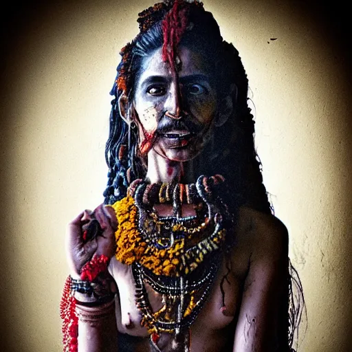 Image similar to realistic exposed expired fuji film portrait of aghori tantrik india woman, tentacled creature mix, marigold celestial vibe, hyperrealism, hypermaxiymalism, photorealistic, detailed, atmospheric, 8 k, award winning photography, cinematic