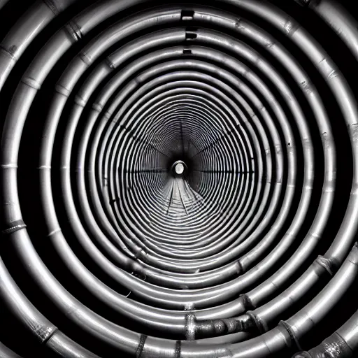 Image similar to a tunnel of pipes and tubes, stretching out into an infinite abyss, dark atmosphere, horror, unsettling, 4 k, high definition,