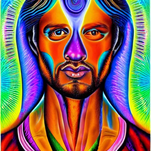 Image similar to a portrait of a beautiful man the style of Alex Grey, colorful,