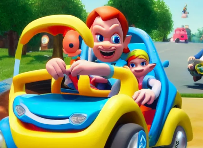 Prompt: steve buscemi driving a little tikes cozy coupe, movie still, from the new zelda game, 8 k, realistic