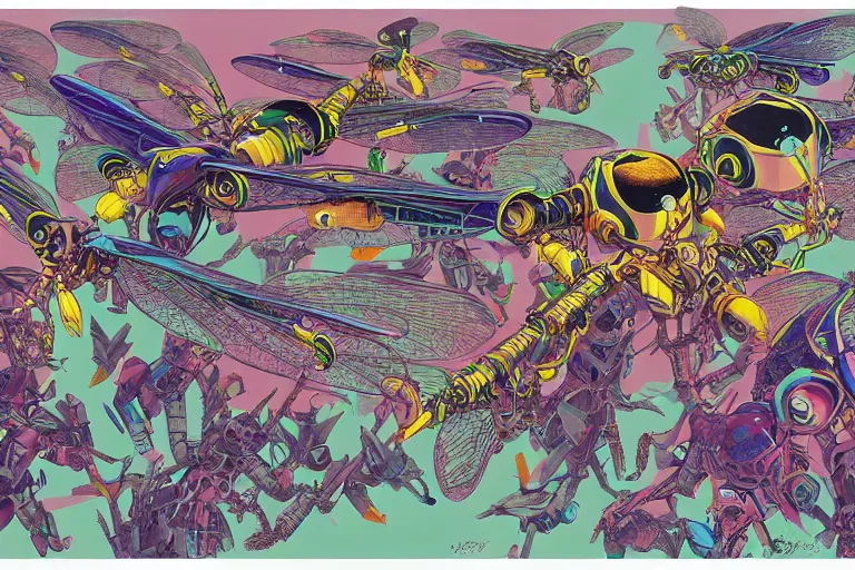 Image similar to gigantic dragonflies with human faces catch tiny robots, a lot of exotic mechas robots around, human heads everywhere, risograph by luigi serafini, colorful flat surreal design, super - detailed, a lot of tiny details, fullshot