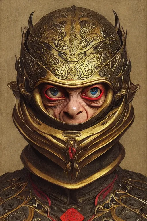 Prompt: portrait of gollum in a chinese dragon in armor and helmet, complex patterns, details, majestic, solemn, gorgeous, symmetrical, detailed intricate, hyper realistic, by bouguereau