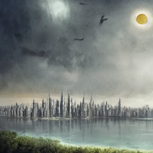 Image similar to city by lake, carcosa, eldritch, white sky, black stars, king in yellow, matte painting