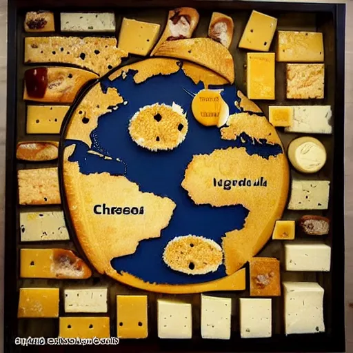 Image similar to a map of the world made out of cheese and wine