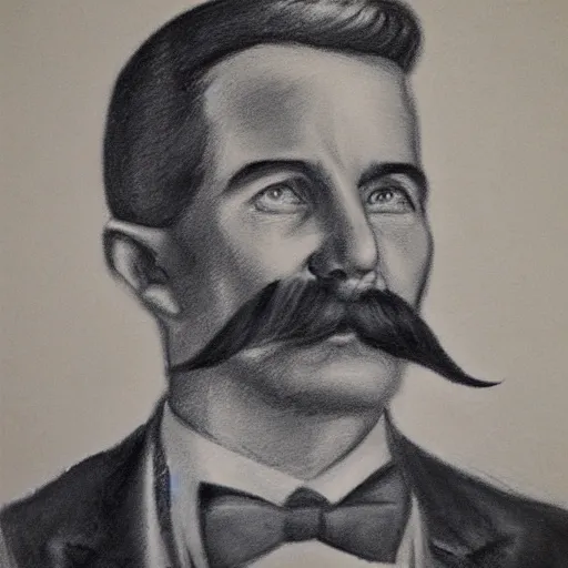 Image similar to charcoal portrait of an early 20th century occult detective mustache, bow tie