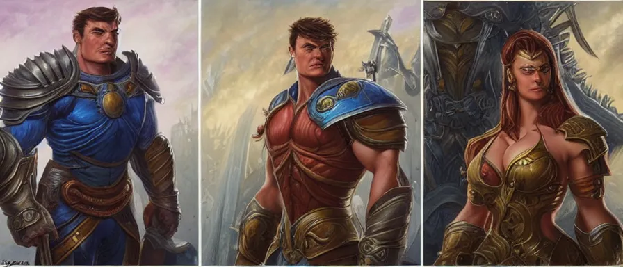 Image similar to Kaisa and Garen standing side by side, art by Alex Horley, extremely detailed