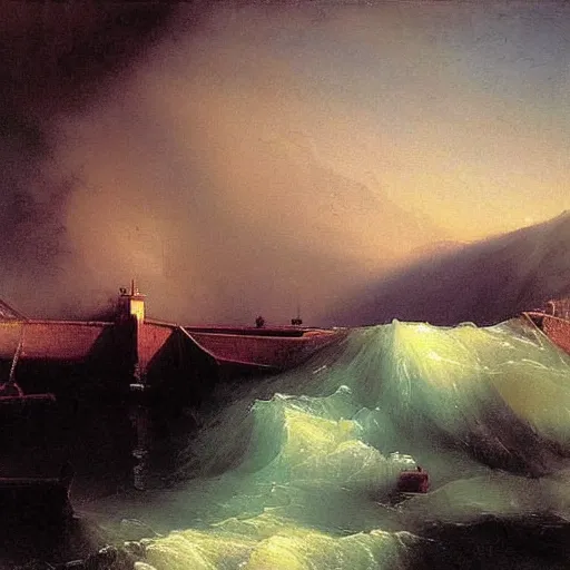 Image similar to basement flooded with water, hyper realistic, oil on canvas, masterpiece painting, very detailed, by aivazovsky