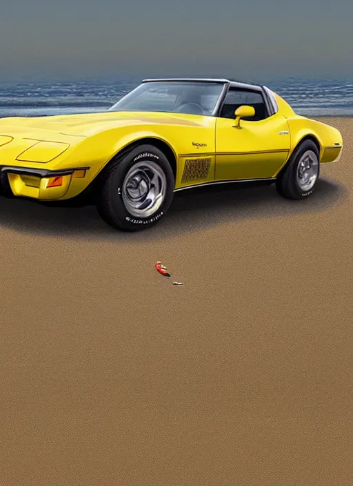 Prompt: a miniature of a yellow 1979 stingray corvette at the beach at sunset, t-top, convertable,digital art,detailed,ultra realistic,art by greg rutkowski