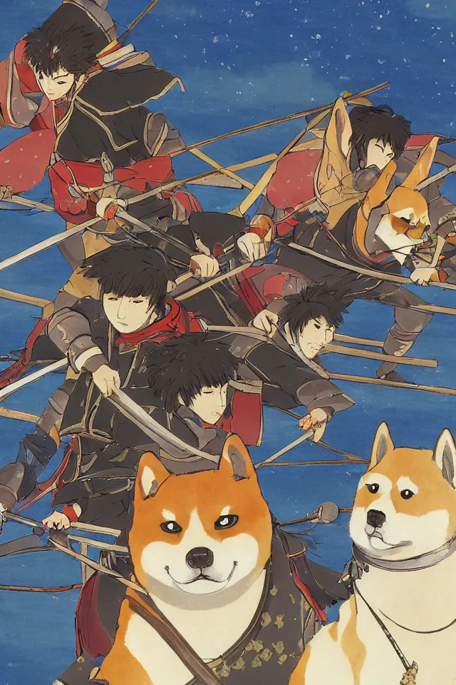 Image similar to a portrait of shiba inus as samurai and warriors, in the art style of studio ghibli, miyao hayazaki, artistic 4 k