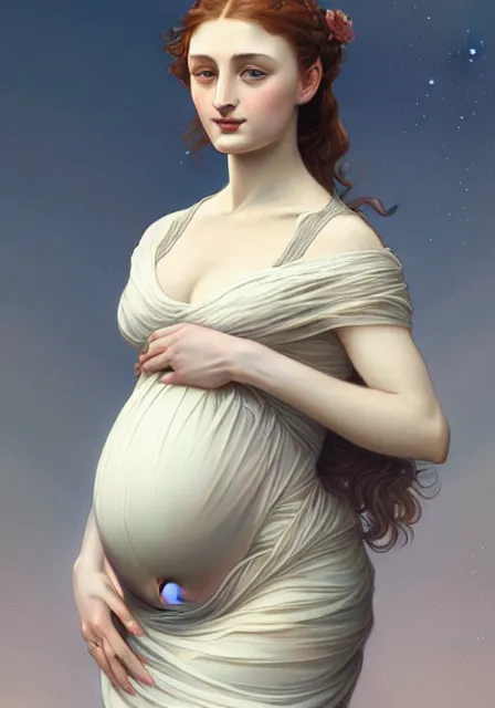 Image similar to pregnant sansa, intricate, elegant, highly detailed, digital painting, artstation, concept art, smooth, sharp focus, illustration, art by artgerm and greg rutkowski and alphonse mucha and william - adolphe bouguereau