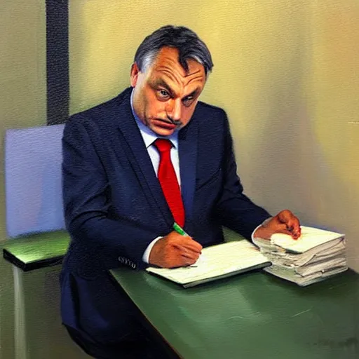 Image similar to viktor orban doing his taxes in a cubicle, oil painting