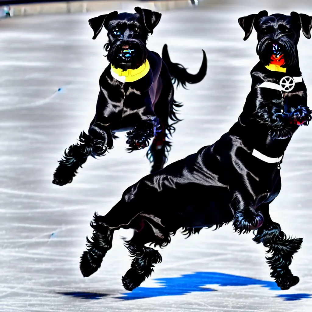 Prompt: a schnauzer black dog wearing ice skates