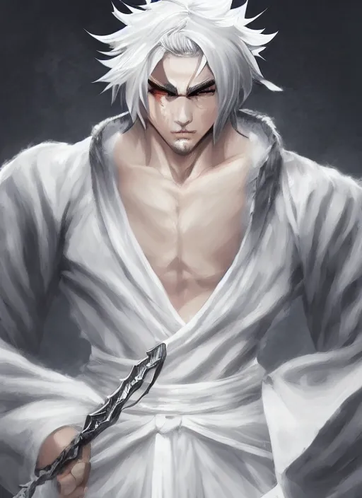 Prompt: a highly detailed illustration of fierce white haired attractive young japanese man wearing white hakama, black eyes, dramatic pose, muscular, intricate, elegant, highly detailed, centered, digital painting, artstation, concept art, smooth, sharp focus, league of legends concept art, wlop