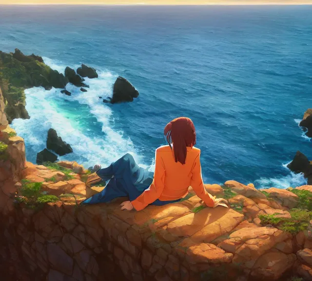 Prompt: a auburn-colored sitting on a cliff overlooking the sea. Atmospheric lighting, sunset, blue sea. By Makoto Shinkai, Stanley Artgerm Lau, WLOP, Rossdraws, James Jean, Andrei Riabovitchev, Marc Simonetti, krenz cushart, Sakimichan, trending on ArtStation, digital art.