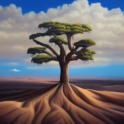 Prompt: a painting of a tree in the desert, an airbrush painting by breyten breytenbach, cgsociety, neo - primitivism, dystopian art, apocalypse landscape!