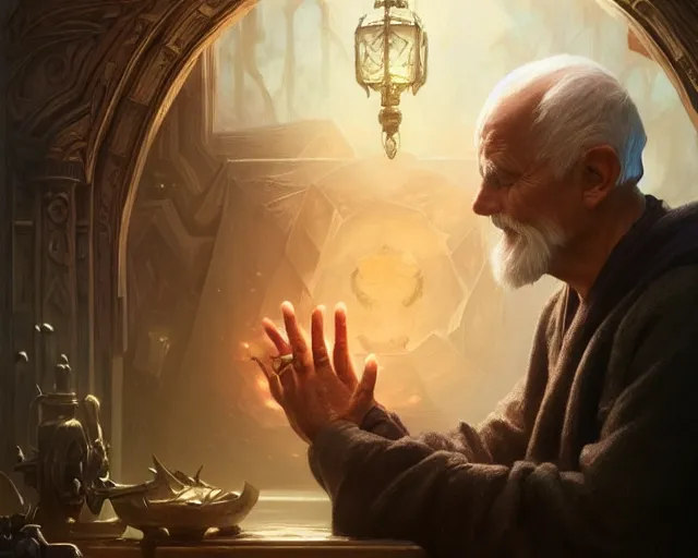 Prompt: old man clasping his hands as spell casting, deep focus, d & d, fantasy, intricate, elegant, highly detailed, digital painting, artstation, concept art, matte, sharp focus, illustration, hearthstone, art by artgerm and greg rutkowski and alphonse mucha