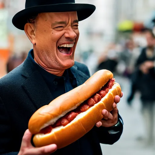 Prompt: tom hanks emerging from a giant hot dog, food photography, 8 5 mm f 1. 8