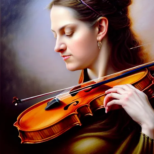 Prompt: closeup portrait photo of a woman playing violin, intricate, elegant, highly detailed, centered, digital painting, artstation, concept art, smooth, sharp focus, illustration, artgerm, tomasz alen kopera, peter mohrbacher, donato giancola, joseph christian leyendecker, wlop, boris vallejo