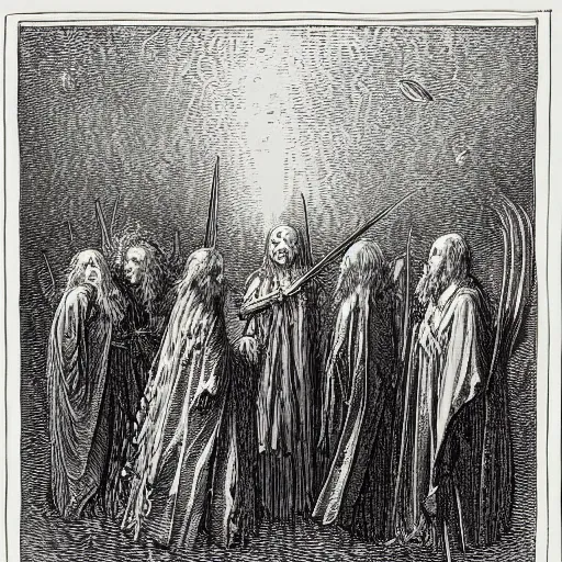 Image similar to the fellowship of the ring, by gustave dore and albrecht durer