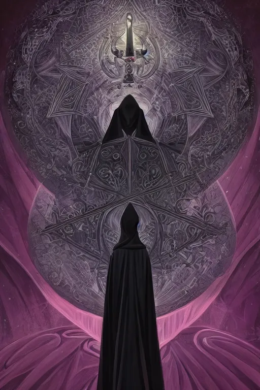 Image similar to Be Occult, a worshipper of the dark arts here for the madness, donned in an ebony cloak, fantasy, intricate, elegant, highly detailed, digital painting, artstation, ristan Eaton, victo ngai, artgerm, RHADS, ross draws