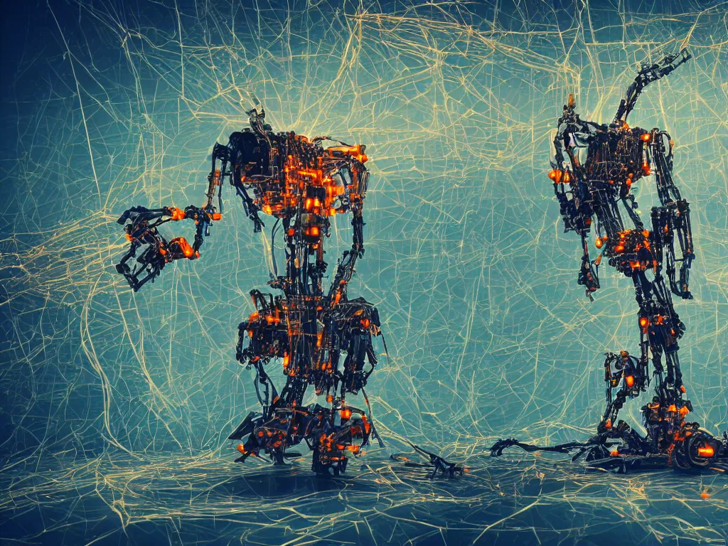 Image similar to a baroque machine, robot god constructed out of modular synthesizer components sits upon a throne cables, wires and discarded components in vast hall, macro photography, long exposure photograph, surrealism, anamorphic bokeh, warm, soft light, orange and teal, caustic, atmospheric fog, octane render, cinematic