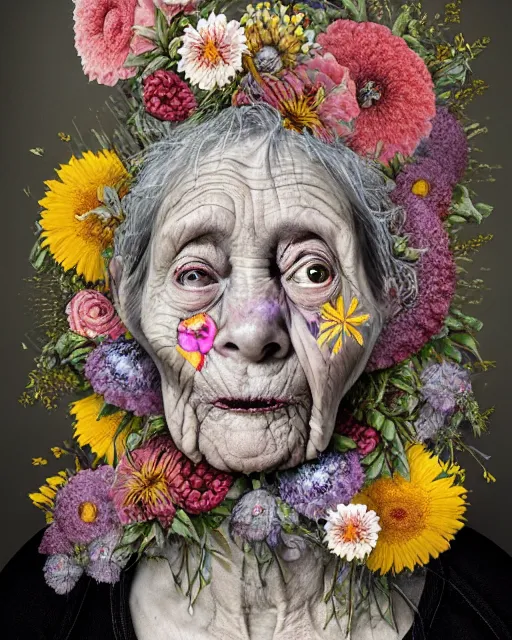 Image similar to a portrait of a fleshy old woman covered in flowers, who is surprised she is still alive, in the style of guiseppe arcimboldo and james jean, covered in wispy gray hair with a hint of neon, hd 3 d,