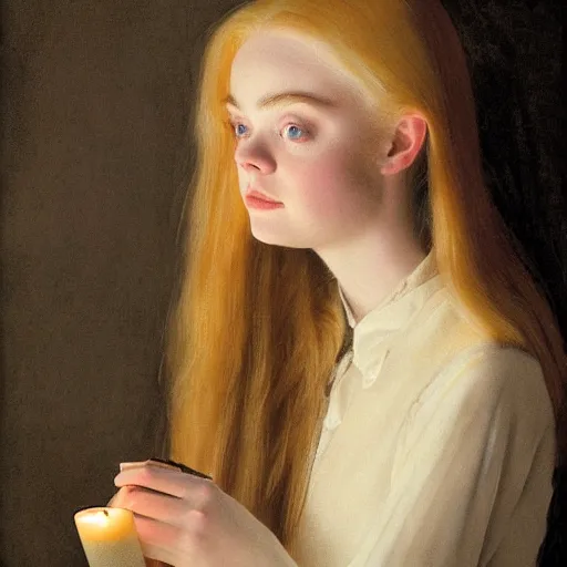 Prompt: Painting of Elle Fanning holding a candle in a dark hallway, long blonde hair, delicate, pale milky white porcelain skin, by Norman Rockwell. Extremely detailed.