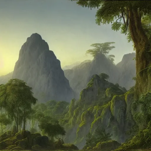 Prompt: a highly detailed matte painting of a lost jungle temple, the mist settles on the ground while the morning light glows off the mountains and stone structures, by Caspar Friedrich