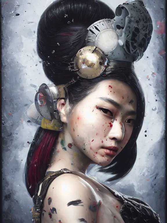 Prompt: a photorealistic splatterpunk portrait of a gorgeous Asian woman with shadowy eyes and bonewhite hair, with black glossy lips, hyperrealistic, award-winning, 8k, in the style of Tom Bagshaw, Cedric Peyravernay, Peter Mohrbacher