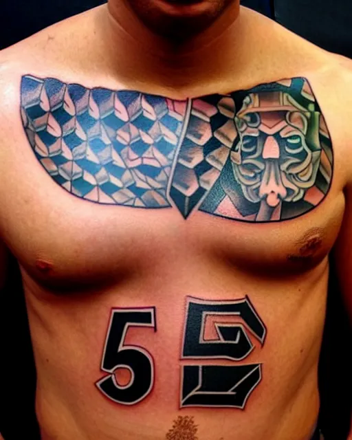 Prompt: tattoo of the number five on chest of anonymous muscular male, award - winning profile photography