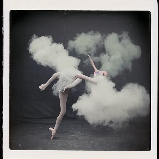 Image similar to polaroid of dancers that are made from cotton candy, smoke and clouds, wearing top hats. there is some diamonds suspended in air, beams of light disperse trough diamonds, prism-like