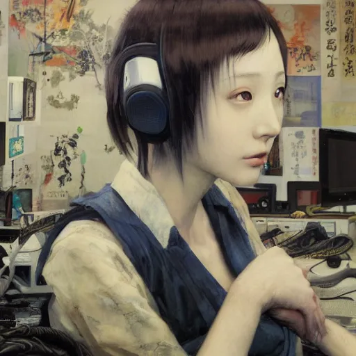 Prompt: portrait of lain iwakura, background room full of cables and computers by yoshitoshi abe, ruan jia and joao ruas, atmospheric, blue tones