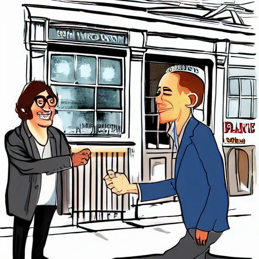 Image similar to john lennon shakes hand with obama outside quaint cafe in the city, cartoon style digital art