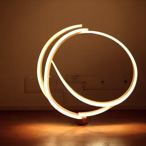 Image similar to circle shaped sculpture, curves, wood, lights